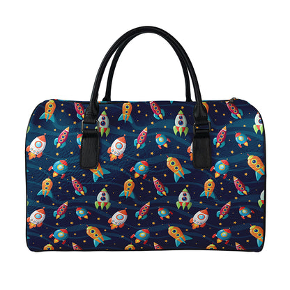 Rockets And Stars Pattern Print Leather Duffle Bag