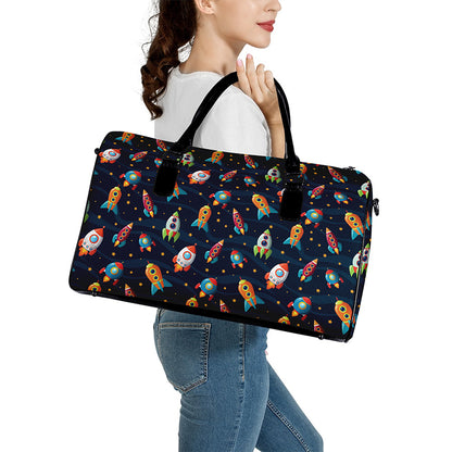 Rockets And Stars Pattern Print Leather Duffle Bag