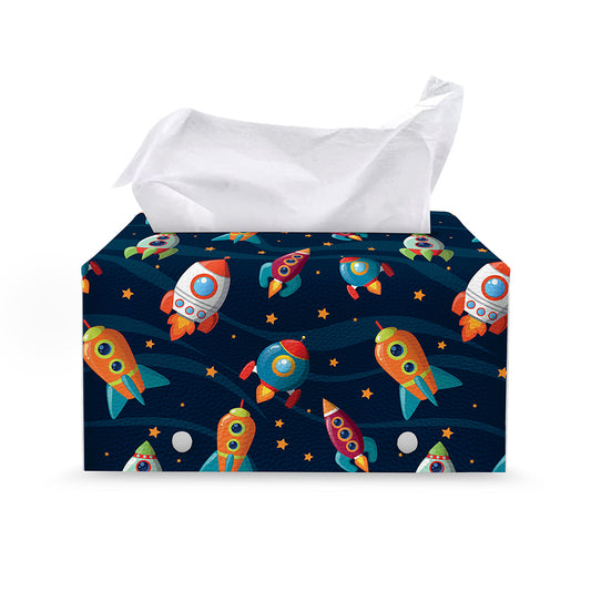 Rockets And Stars Pattern Print Leather Tissue Box Cover