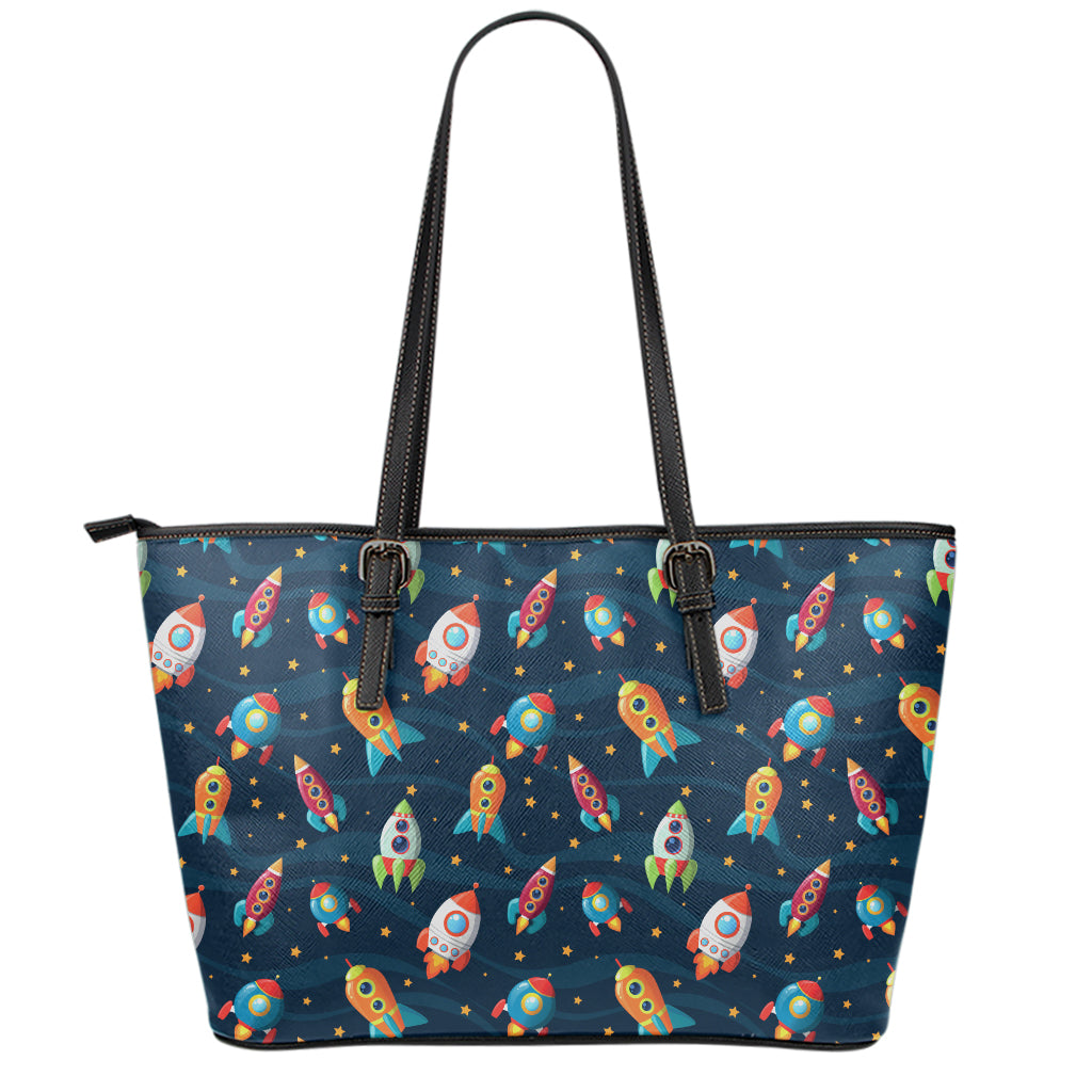 Rockets And Stars Pattern Print Leather Tote Bag