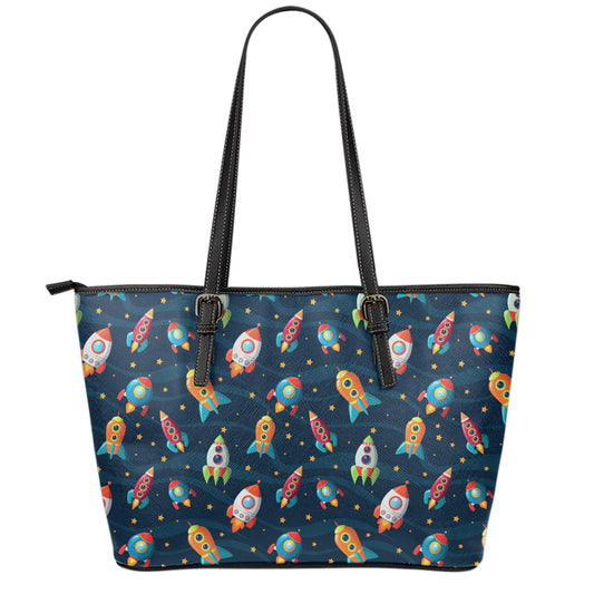 Rockets And Stars Pattern Print Leather Tote Bag