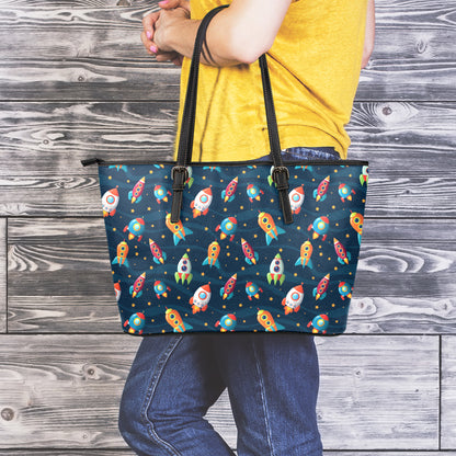 Rockets And Stars Pattern Print Leather Tote Bag