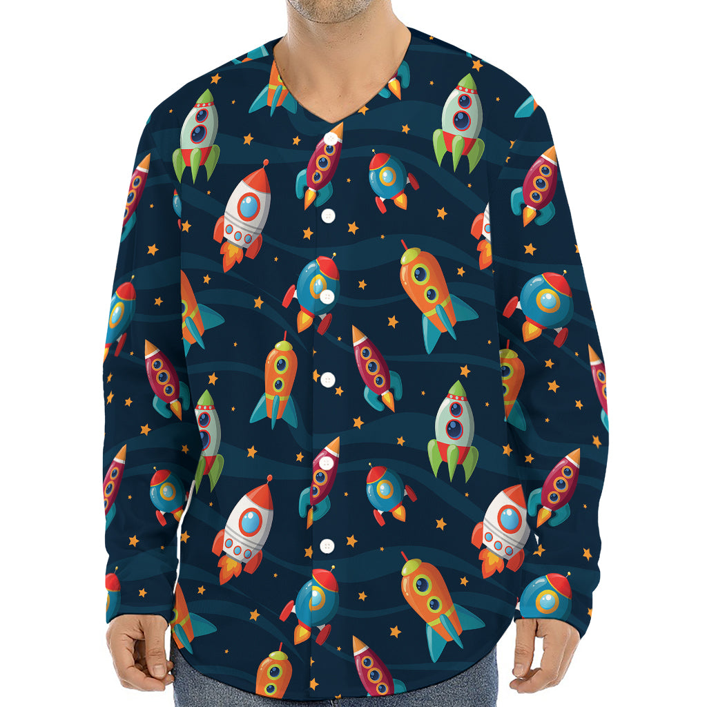 Rockets And Stars Pattern Print Long Sleeve Baseball Jersey