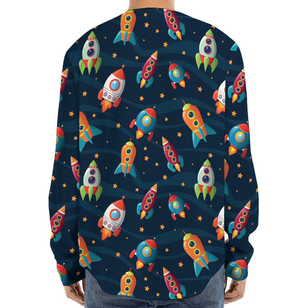 Rockets And Stars Pattern Print Long Sleeve Baseball Jersey