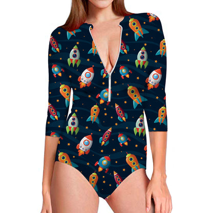 Rockets And Stars Pattern Print Long Sleeve Swimsuit