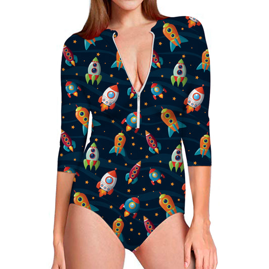 Rockets And Stars Pattern Print Long Sleeve Swimsuit