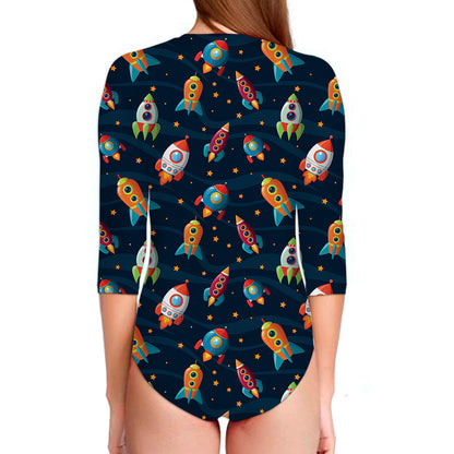 Rockets And Stars Pattern Print Long Sleeve Swimsuit