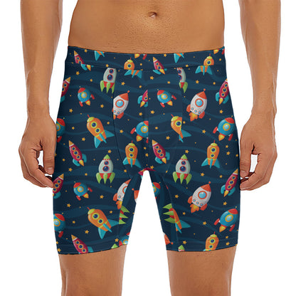 Rockets And Stars Pattern Print Men's Long Boxer Briefs