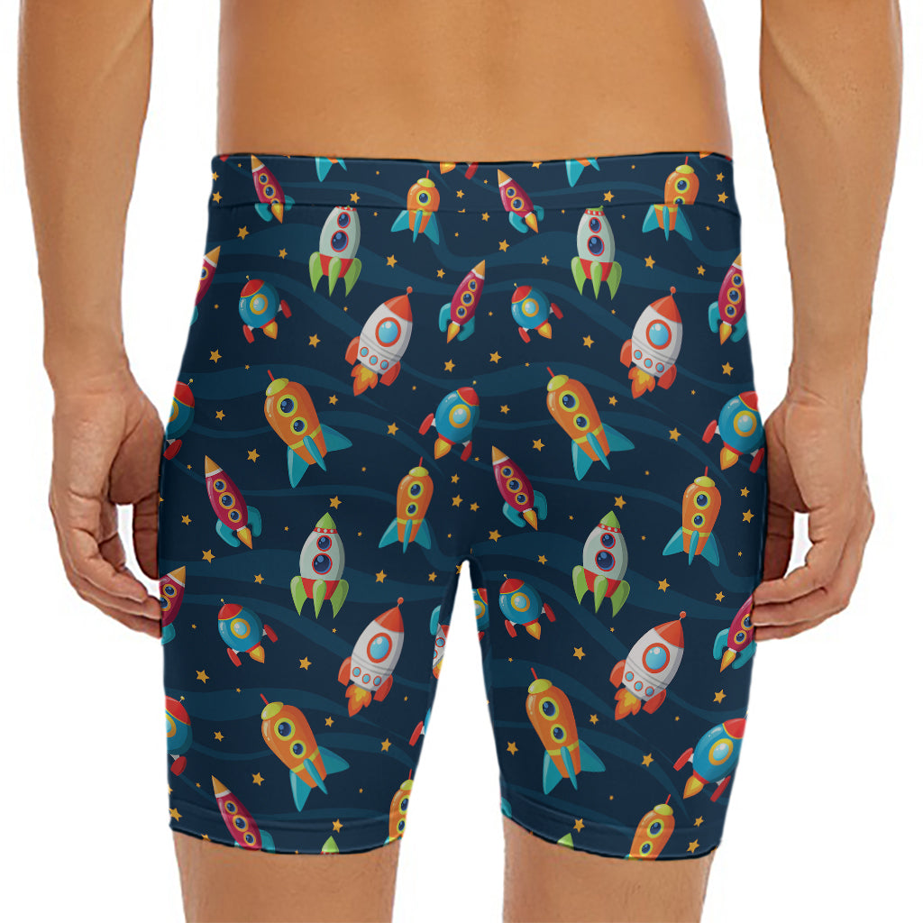 Rockets And Stars Pattern Print Men's Long Boxer Briefs