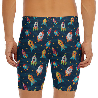 Rockets And Stars Pattern Print Men's Long Boxer Briefs