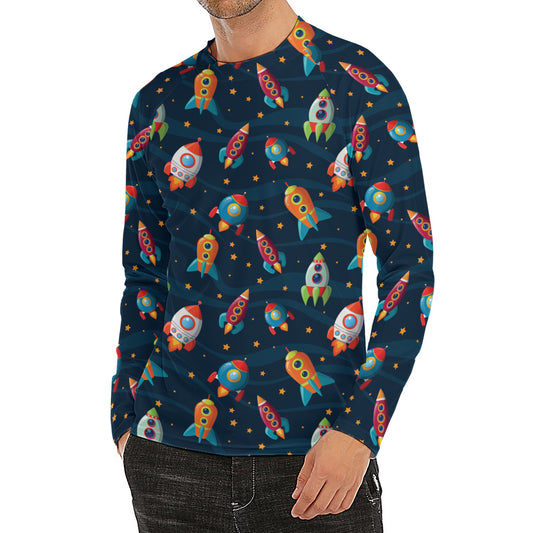 Rockets And Stars Pattern Print Men's Long Sleeve Rash Guard