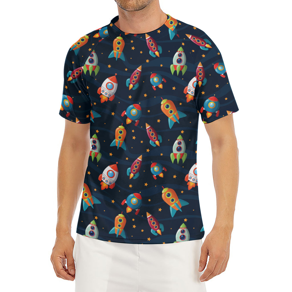 Rockets And Stars Pattern Print Men's Short Sleeve Rash Guard