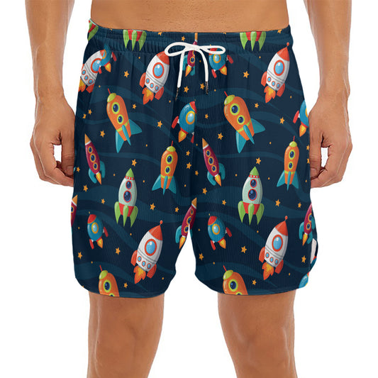 Rockets And Stars Pattern Print Men's Split Running Shorts