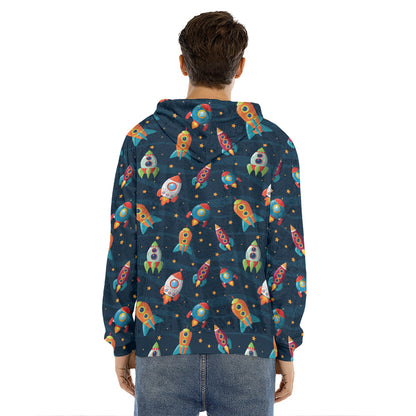 Rockets And Stars Pattern Print Men's Velvet Pullover Hoodie