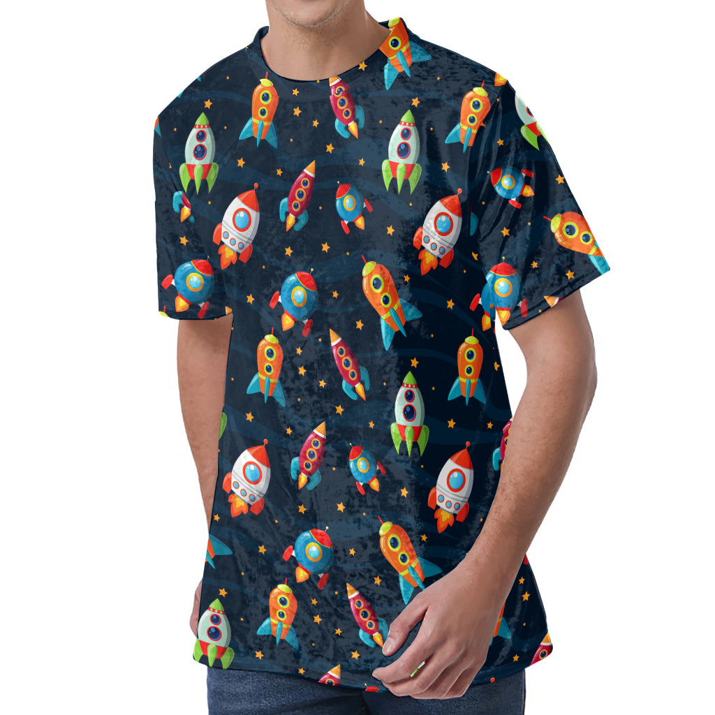 Rockets And Stars Pattern Print Men's Velvet T-Shirt