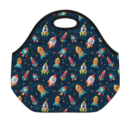 Rockets And Stars Pattern Print Neoprene Lunch Bag