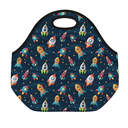 Rockets And Stars Pattern Print Neoprene Lunch Bag