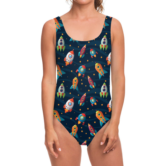 Rockets And Stars Pattern Print One Piece Swimsuit