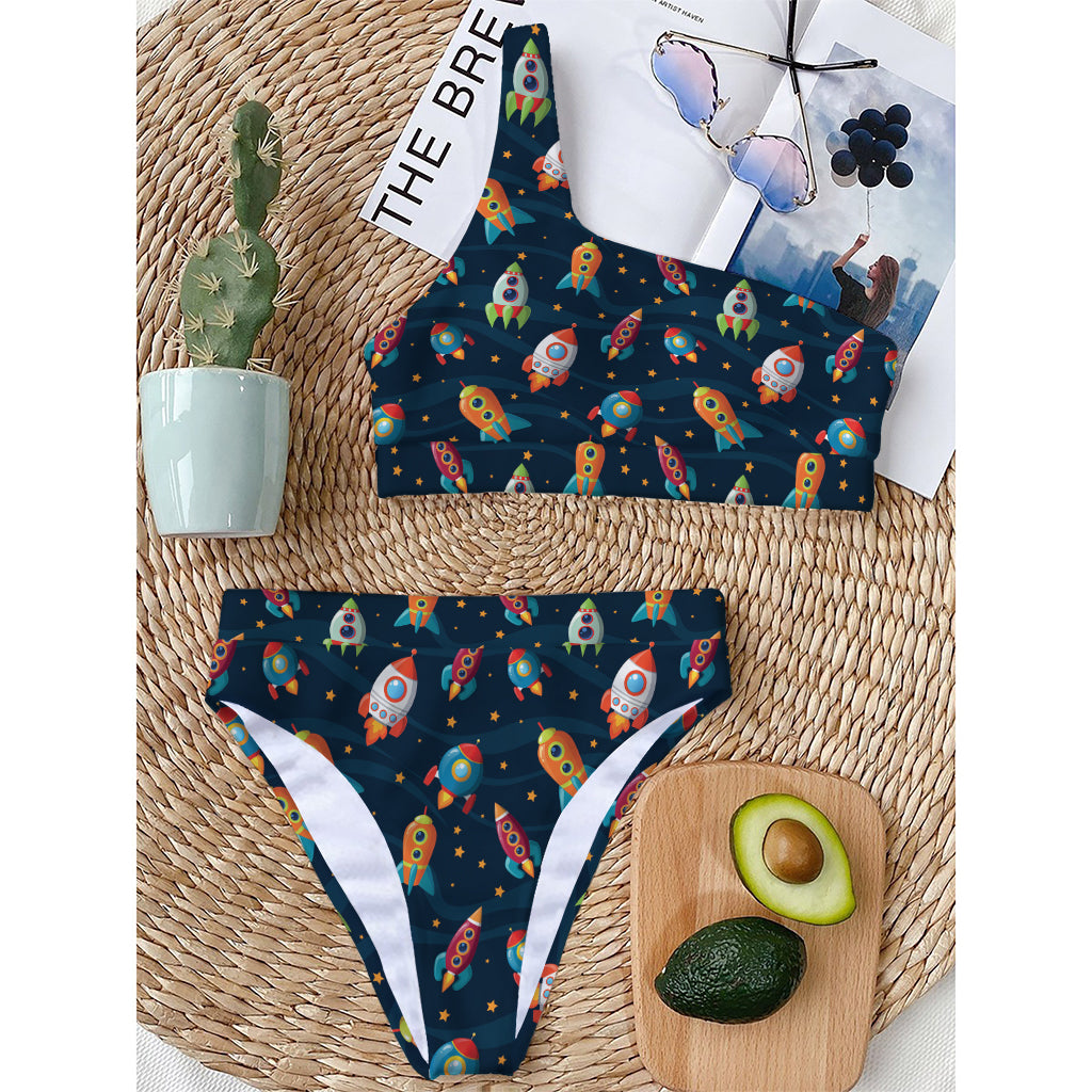 Rockets And Stars Pattern Print One Shoulder Bikini Top