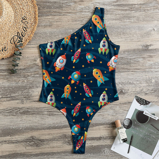 Rockets And Stars Pattern Print One Shoulder Bodysuit