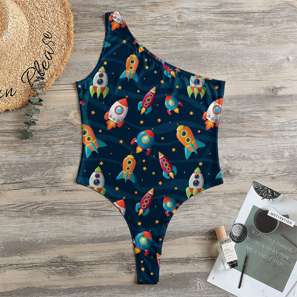 Rockets And Stars Pattern Print One Shoulder Bodysuit