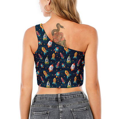 Rockets And Stars Pattern Print One Shoulder Crop Top
