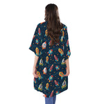 Rockets And Stars Pattern Print Open Front Beach Cover Up