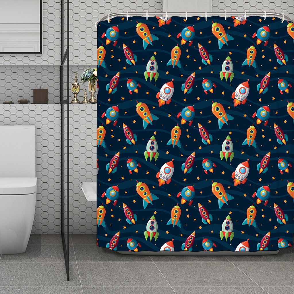 Rockets And Stars Pattern Print Polyester Shower Curtain