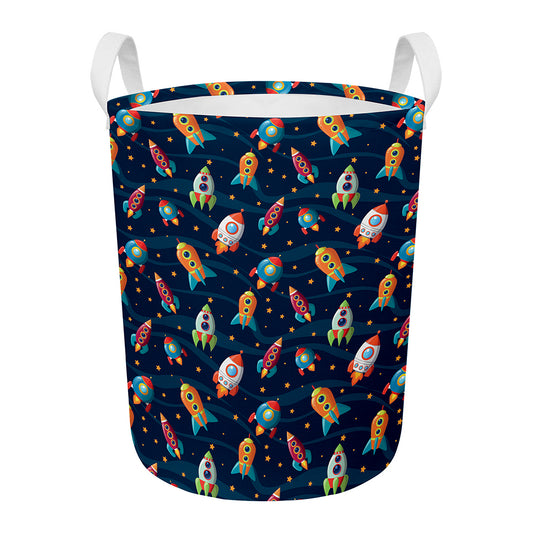 Rockets And Stars Pattern Print Round Laundry Basket