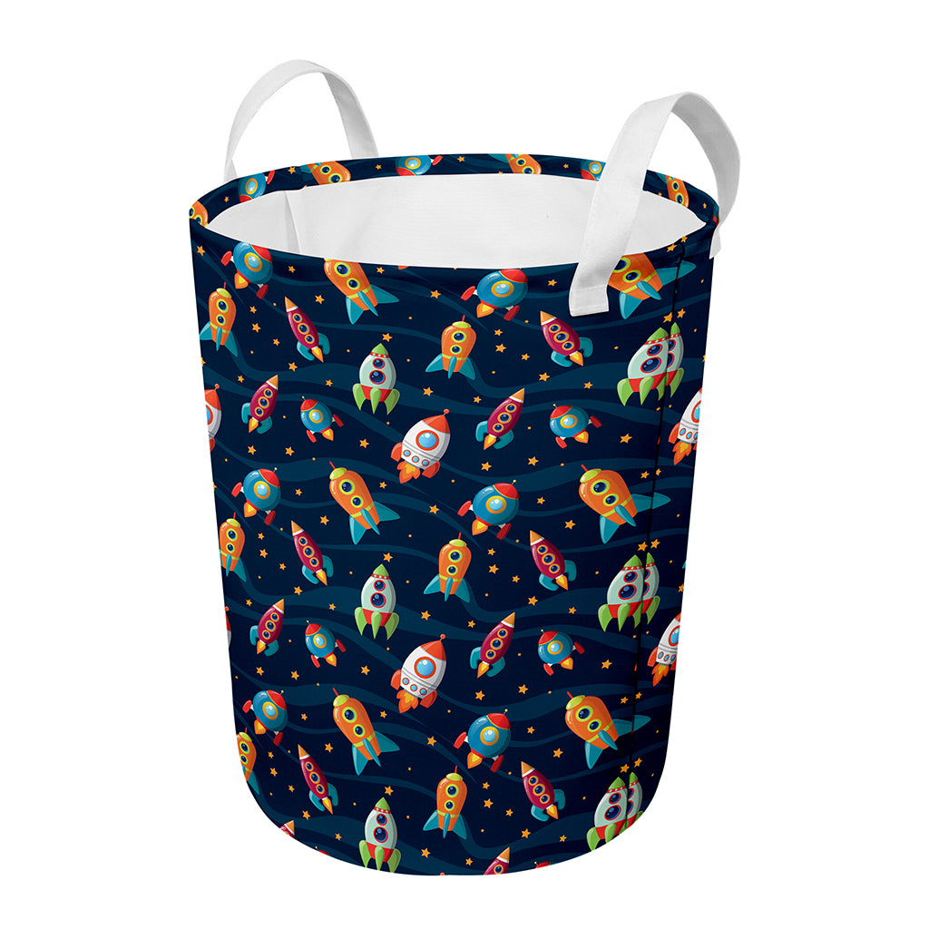 Rockets And Stars Pattern Print Round Laundry Basket