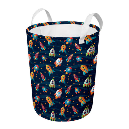 Rockets And Stars Pattern Print Round Laundry Basket