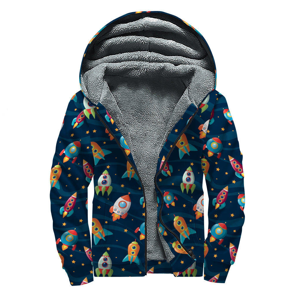 Rockets And Stars Pattern Print Sherpa Lined Zip Up Hoodie