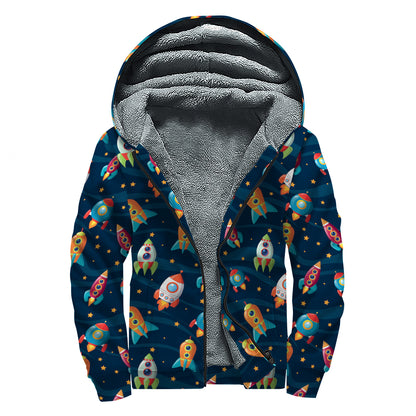 Rockets And Stars Pattern Print Sherpa Lined Zip Up Hoodie