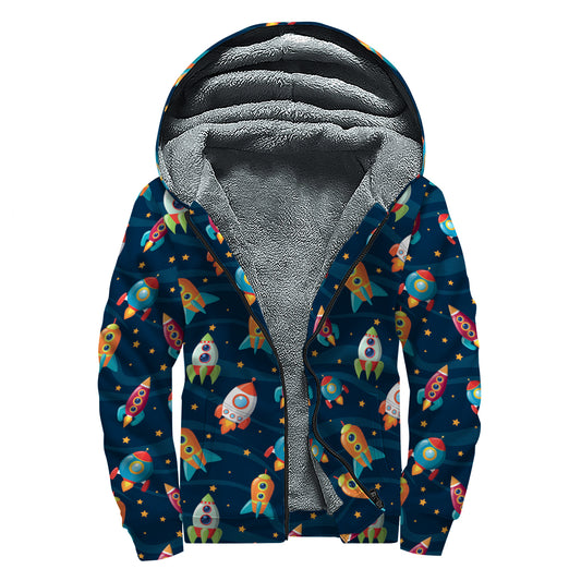 Rockets And Stars Pattern Print Sherpa Lined Zip Up Hoodie