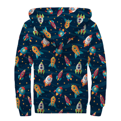 Rockets And Stars Pattern Print Sherpa Lined Zip Up Hoodie