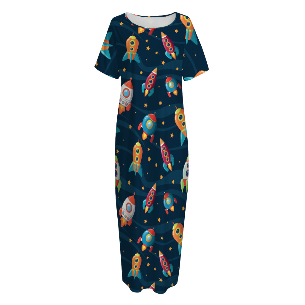 Rockets And Stars Pattern Print Short Sleeve Long Nightdress