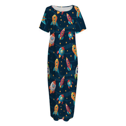 Rockets And Stars Pattern Print Short Sleeve Long Nightdress