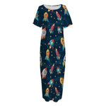 Rockets And Stars Pattern Print Short Sleeve Long Nightdress