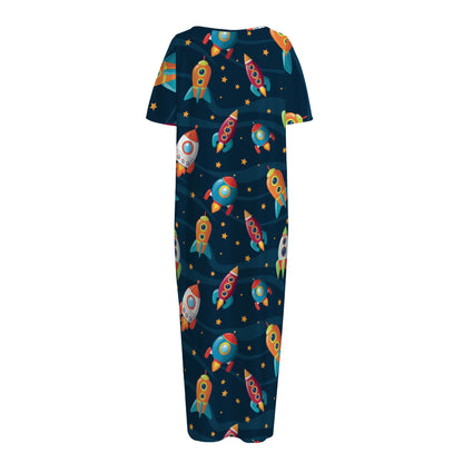 Rockets And Stars Pattern Print Short Sleeve Long Nightdress