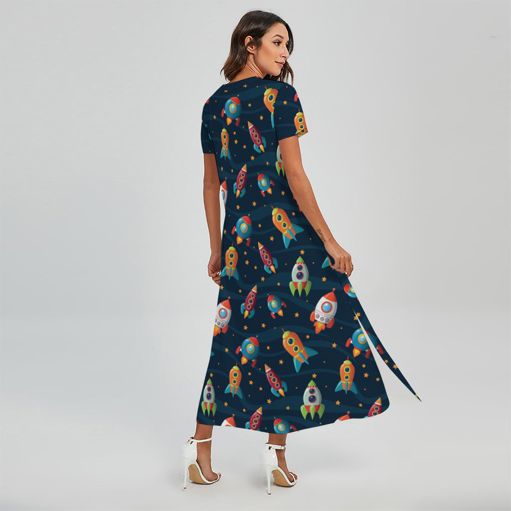 Rockets And Stars Pattern Print Short Sleeve Maxi Dress