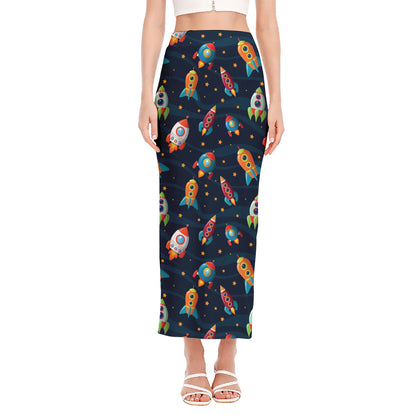 Rockets And Stars Pattern Print Side Slit Maxi Skirt