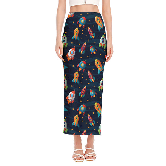 Rockets And Stars Pattern Print Side Slit Maxi Skirt
