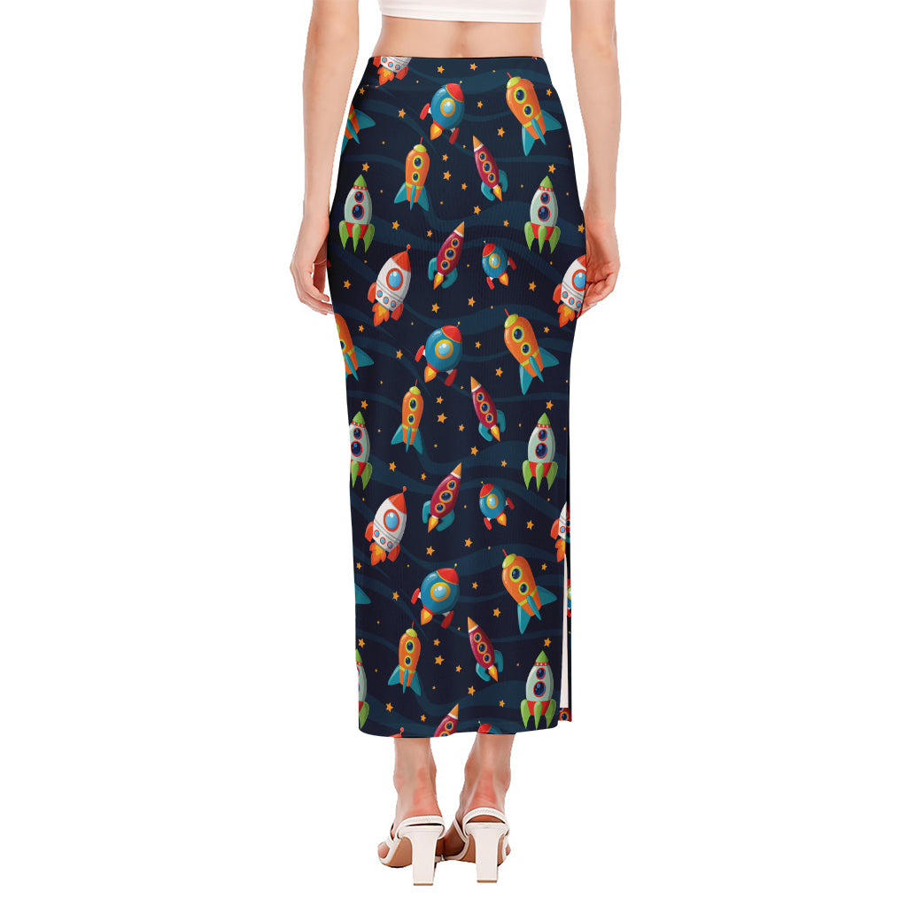 Rockets And Stars Pattern Print Side Slit Maxi Skirt