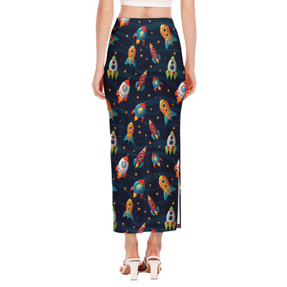 Rockets And Stars Pattern Print Side Slit Maxi Skirt