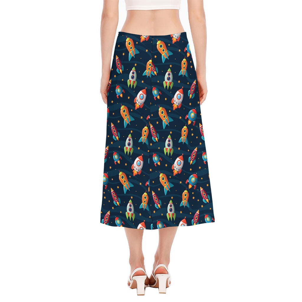 Rockets And Stars Pattern Print Side Slit Midi Skirt
