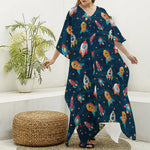 Rockets And Stars Pattern Print Silk V-Neck Kaftan Dress
