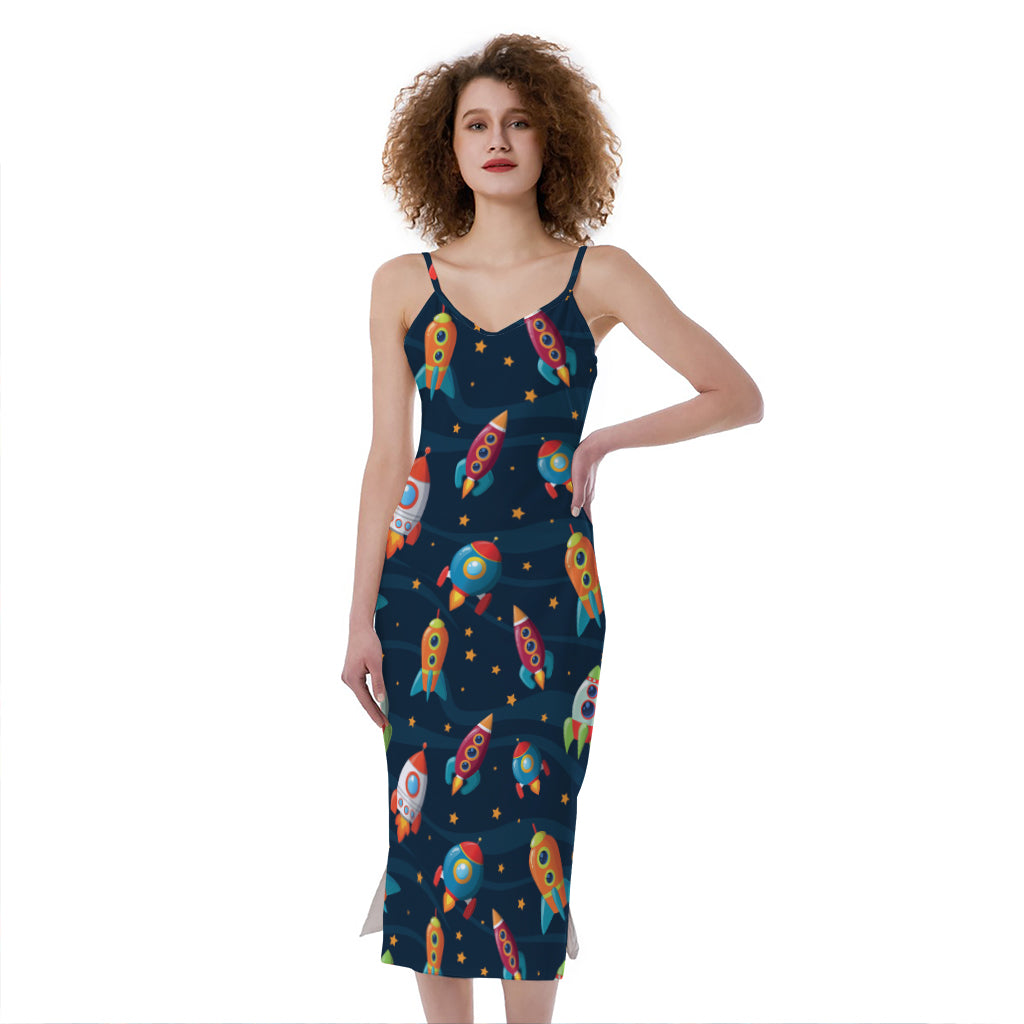 Rockets And Stars Pattern Print Slim Fit Midi Cami Dress