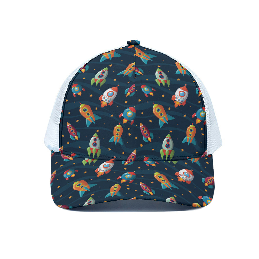 Rockets And Stars Pattern Print White Mesh Trucker Cap