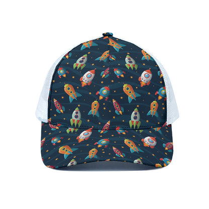 Rockets And Stars Pattern Print White Mesh Trucker Cap