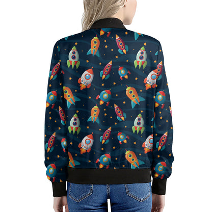 Rockets And Stars Pattern Print Women's Bomber Jacket